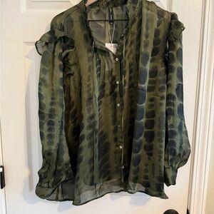 Mango Green Flutter Sleeve Blouse with Ruffled Bib Collar